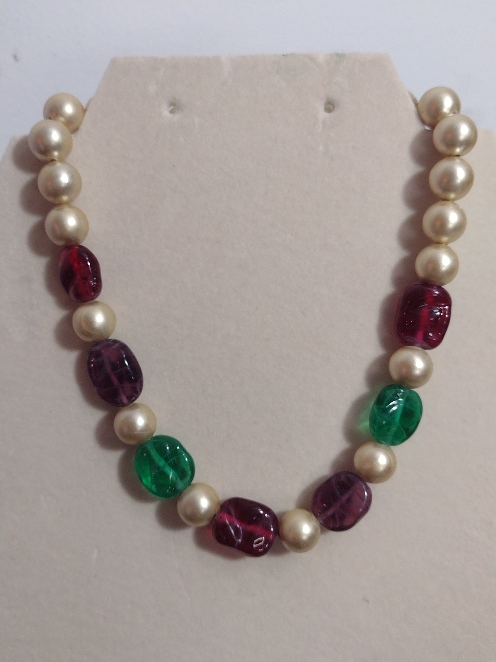 Pearl and Multi-Color Bead Statement Necklace - Green & Purple Accent